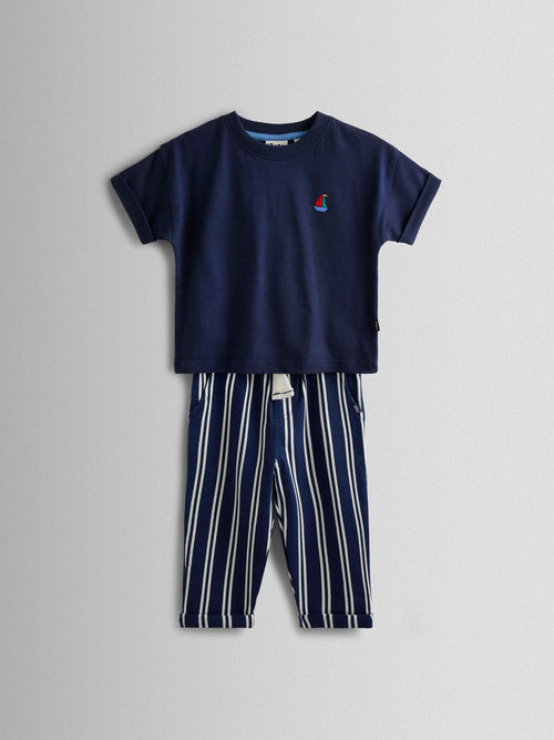 JoJo Maman Bébé Navy Boat 2-Piece T-Shirt & Stripe Trouser Set image 1
