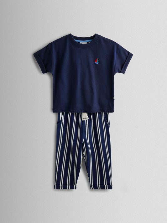 JoJo Maman Bébé Navy Boat 2-Piece T-Shirt & Stripe Trouser Set image 1