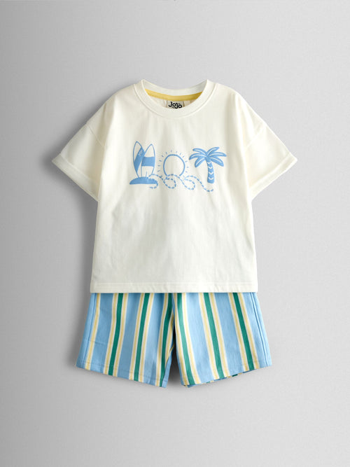 JoJo Maman Bébé Light Blue Surf Printed T-Shirt & Shorts Set image 1