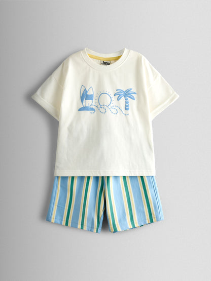 Dsiney Kidz - JoJo Maman Bébé Light Blue Surf Printed T-Shirt & Shorts Set image 1