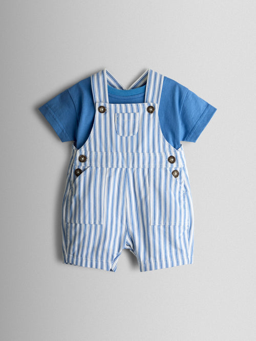 JoJo Maman Bébé Blue Stripe 2-Piece Twill Dungaree Set & T-Shirt image 1