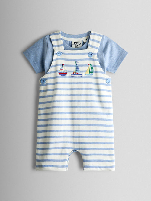 JoJo Maman Bébé Blue Boat 2-Piece Appliqué Dungarees & T-Shirt Set image 1