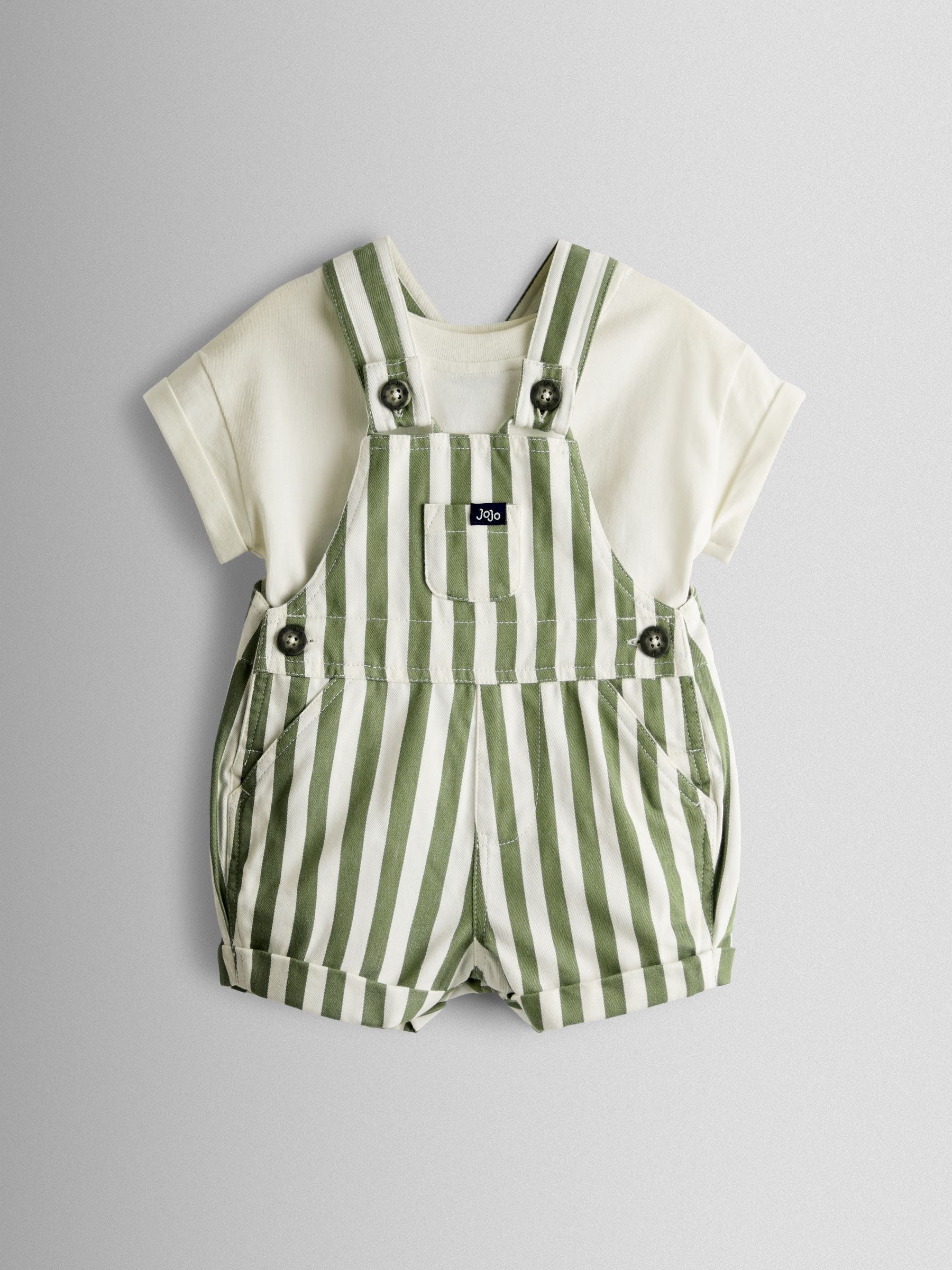 JoJo Maman Bébé Khaki Green Stripe 2-Piece Twill Dungaree Set & T-Shirt image 1