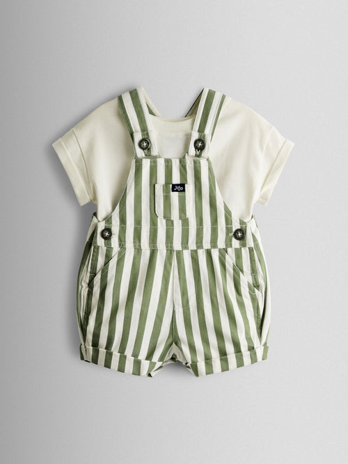 JoJo Maman Bébé Khaki Green Stripe 2-Piece Twill Dungaree Set & T-Shirt image 1