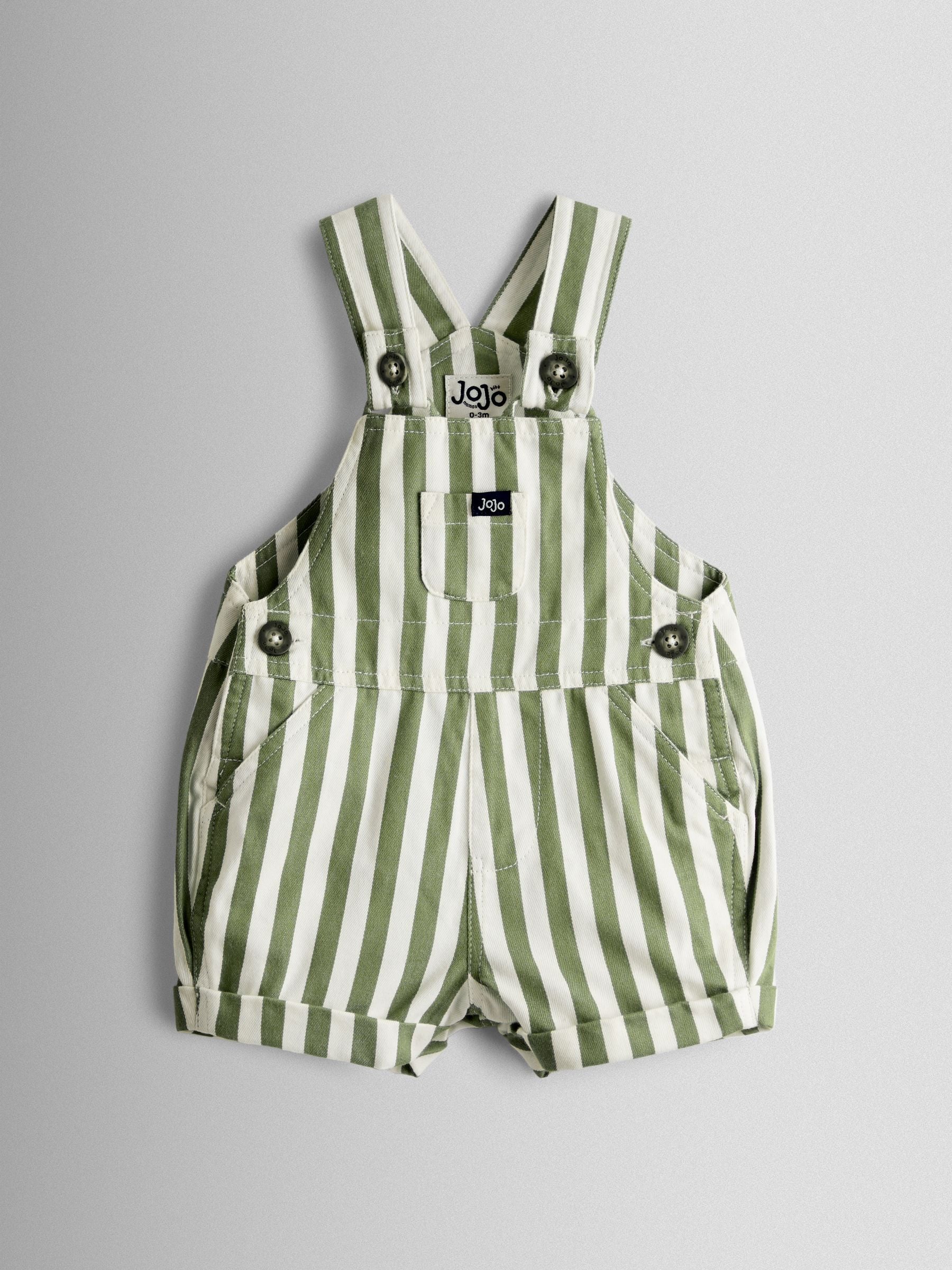 JoJo Maman Bébé Khaki Green Stripe 2-Piece Twill Dungaree Set & T-Shirt image 2