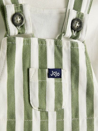 JoJo Maman Bébé Khaki Green Stripe 2-Piece Twill Dungaree Set & T-Shirt image 6