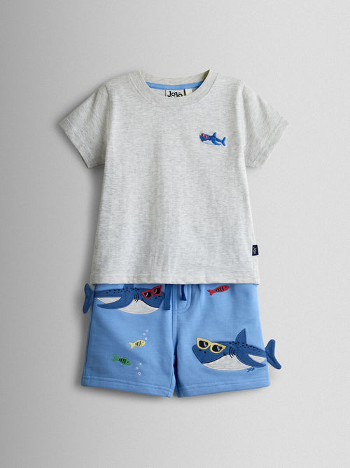 JoJo Maman Bébé Light Blue Shark 2-Piece T-Shirt & Shorts Set image 1