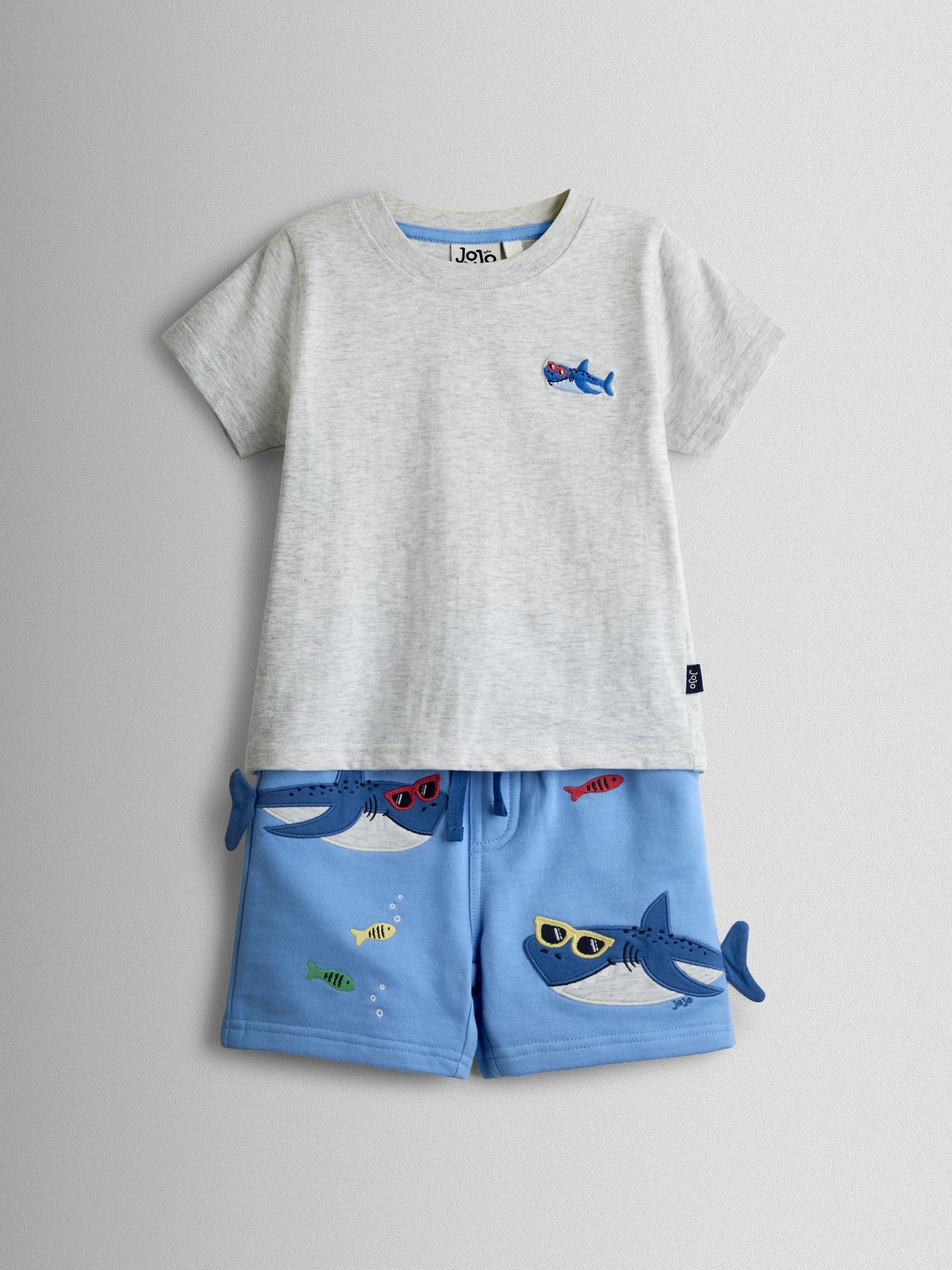 JoJo Maman Bébé Light Blue Shark 2-Piece T-Shirt & Shorts Set image 1