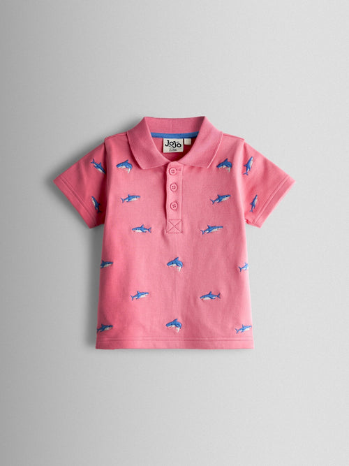 JoJo Maman Bébé Pink Shark Embroidered Polo Shirt image 1
