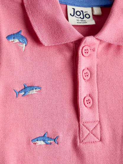 JoJo Maman Bébé Pink Shark Embroidered Polo Shirt image 3