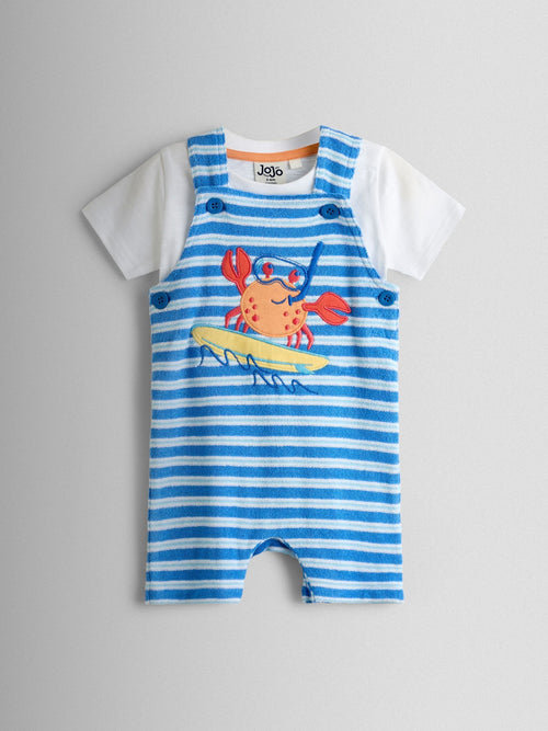 JoJo Maman Bébé Blue Crab Appliqué 2-Piece Towelling Dungarees & T-Shirt Set image 1