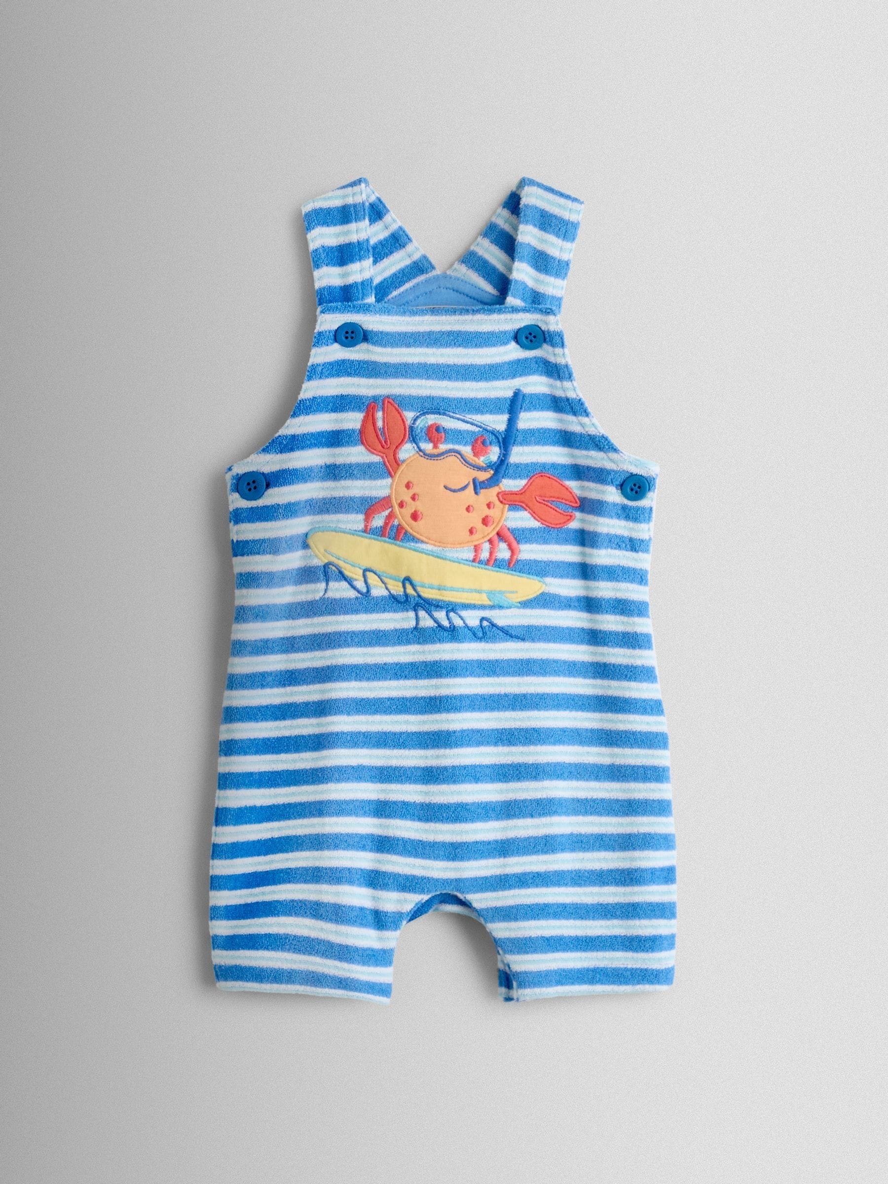 JoJo Maman Bébé Blue Crab Appliqué 2-Piece Towelling Dungarees & T-Shirt Set image 4