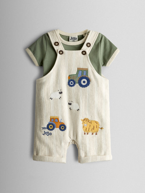 JoJo Maman Bébé Oatmeal Tractor 2-Piece Appliqué Dungarees & T-Shirt Set image 1