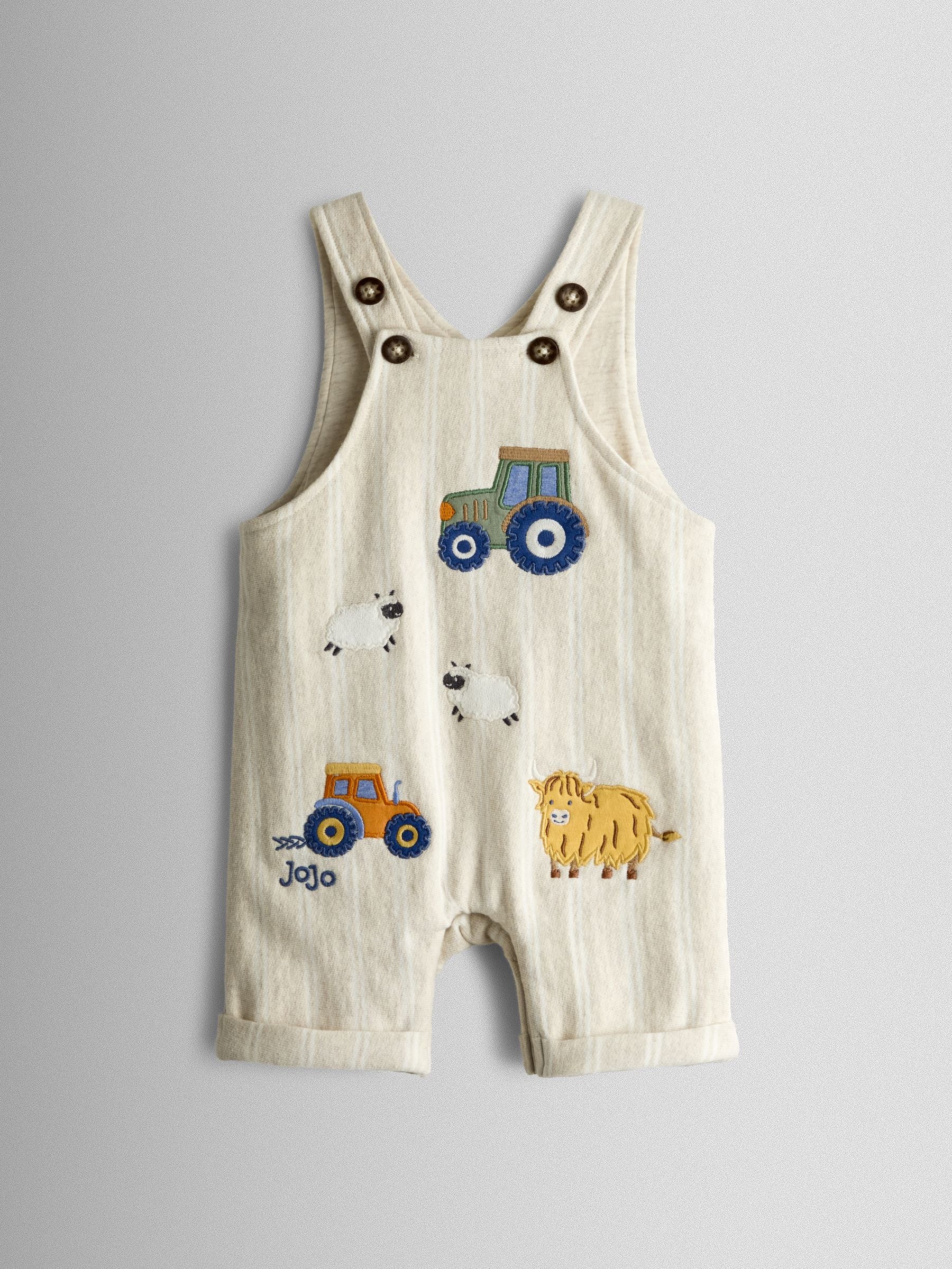 JoJo Maman Bébé Oatmeal Tractor 2-Piece Appliqué Dungarees & T-Shirt Set image 2