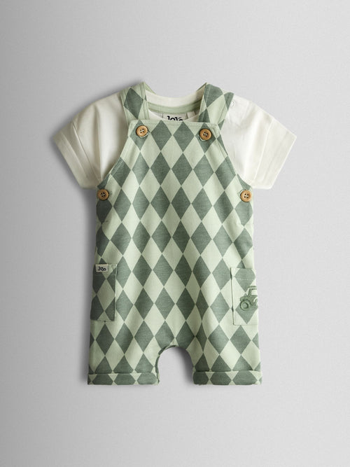 JoJo Maman Bébé Green 2-Piece Harlequin Dungarees & T-Shirt Set image 1
