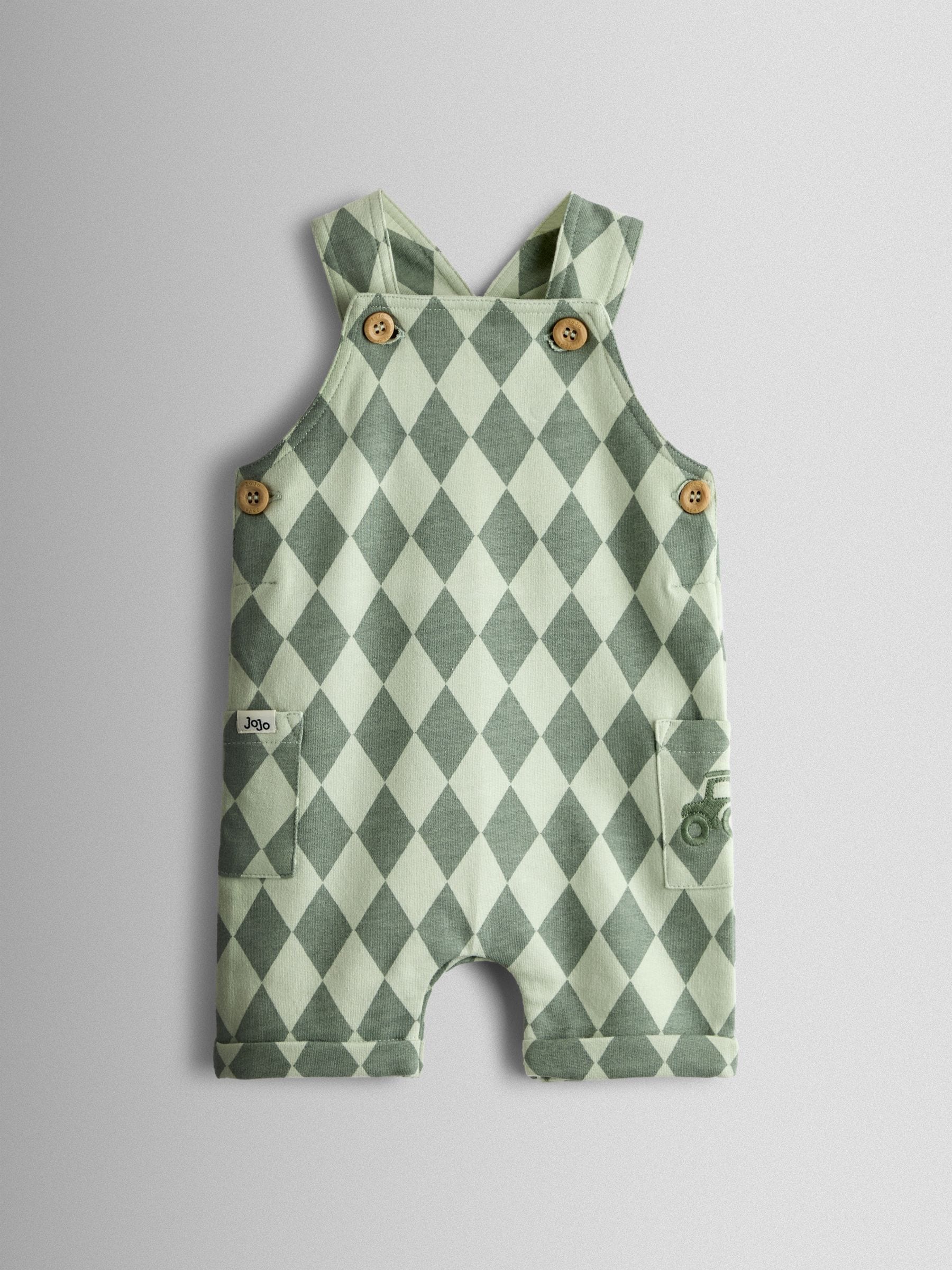 JoJo Maman Bébé Green 2-Piece Harlequin Dungarees & T-Shirt Set image 2