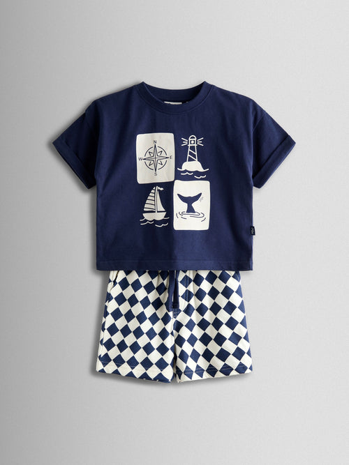JoJo Maman Bébé Navy Nautical Printed T-Shirt & Shorts Set image 1