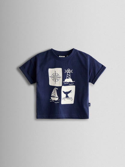 JoJo Maman Bébé Navy Nautical Printed T-Shirt & Shorts Set image 2
