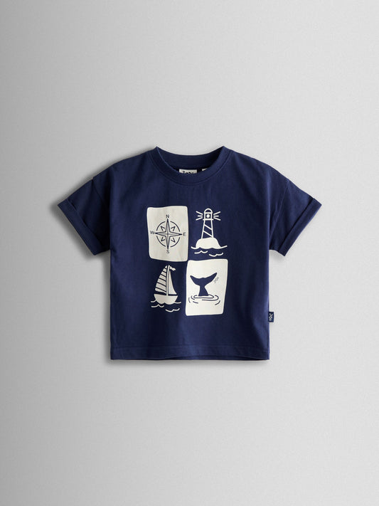 JoJo Maman Bébé Navy Nautical Printed T-Shirt & Shorts Set image 2