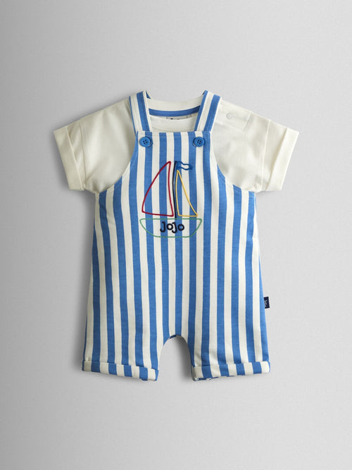 JoJo Maman Bébé Blue Boat 2-Piece Appliqué Stripe Dungarees & T-Shirt Set image 1
