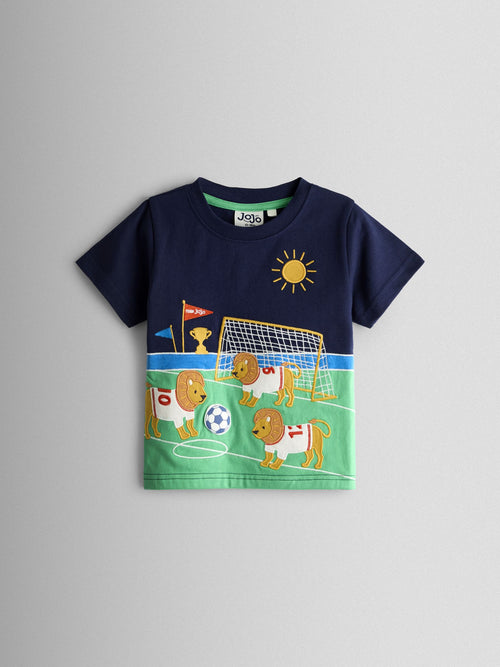 JoJo Maman Bébé Navy Blue Three Lions Scene Appliqué T-Shirt image 1