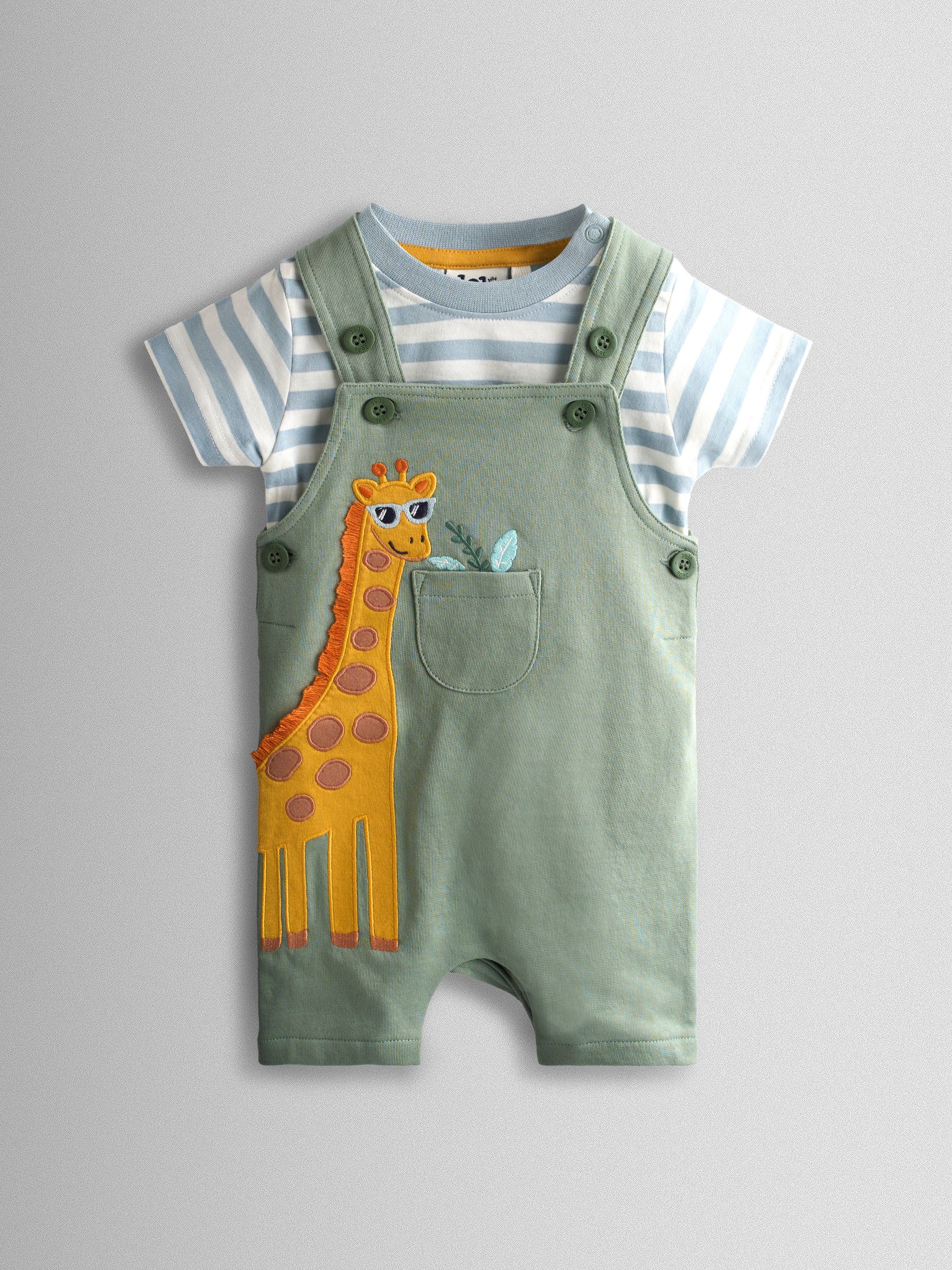 JoJo Maman Bébé Green Giraffe 2-Piece Appliqué Dungarees & T-Shirt Set image 1