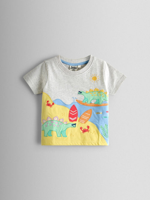 JoJo Maman Bébé Grey Dino Scene Appliqué T-Shirt image 1