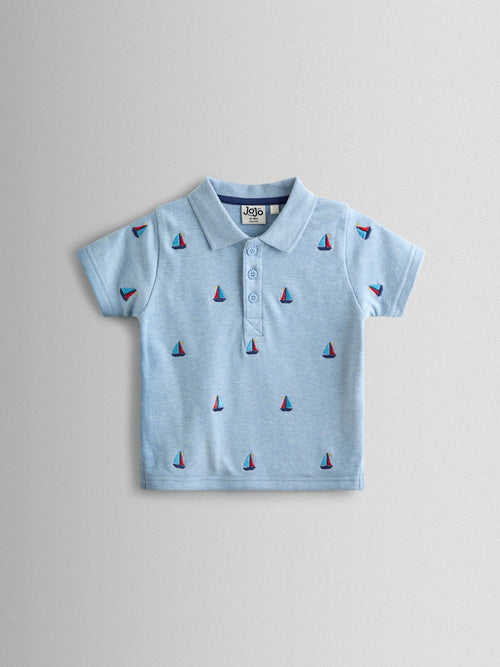 JoJo Maman Bébé Blue Boat Embroidered Polo Shirt image 1