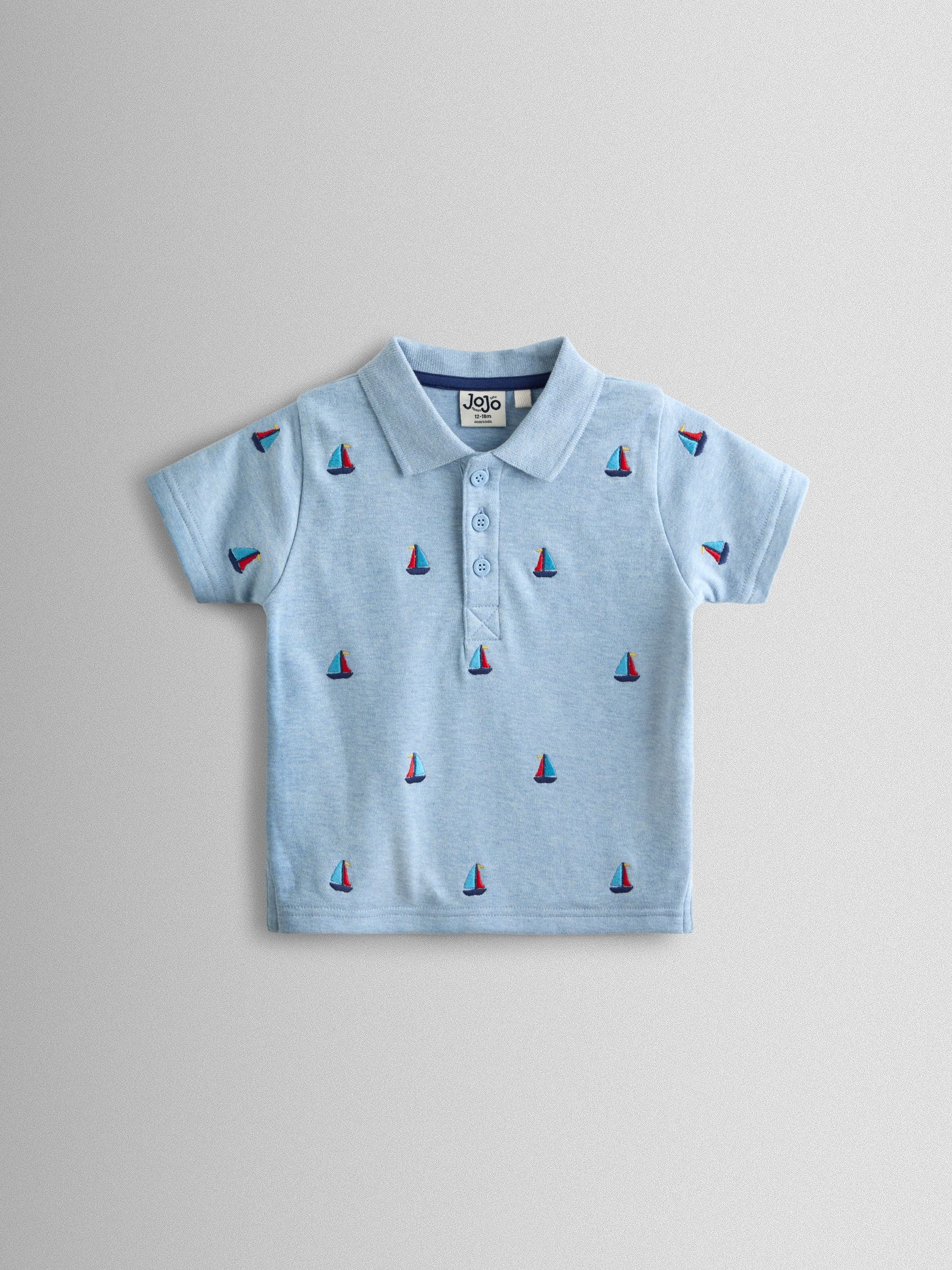 JoJo Maman Bébé Blue Boat Embroidered Polo Shirt image 1
