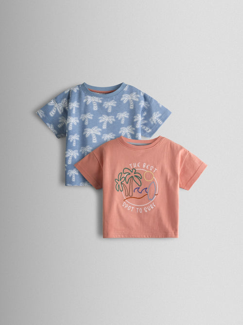 JoJo Maman Bébé Coral & Light Blue Palm 2-Pack Surf Applique & Printed T-Shirts image 1