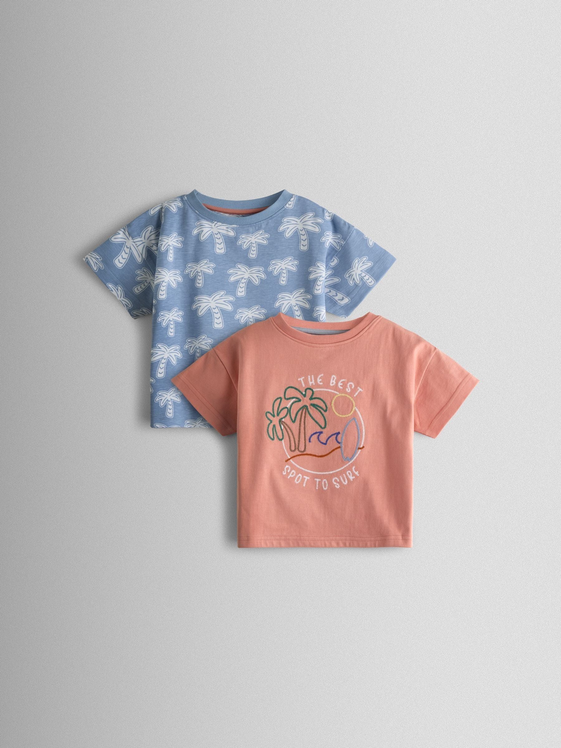 JoJo Maman Bébé Coral & Light Blue Palm 2-Pack Surf Applique & Printed T-Shirts image 1