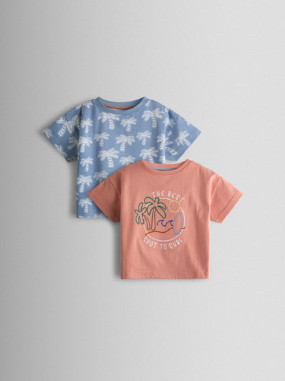 JoJo Maman Bébé Coral & Light Blue Palm 2-Pack Surf Applique & Printed T-Shirts image 1