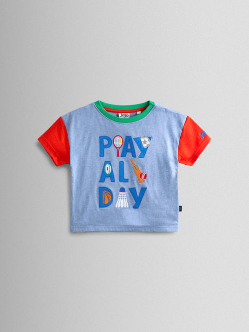 JoJo Maman Bébé Blue Play All Day Slogan Appliqué T-Shirt image 1