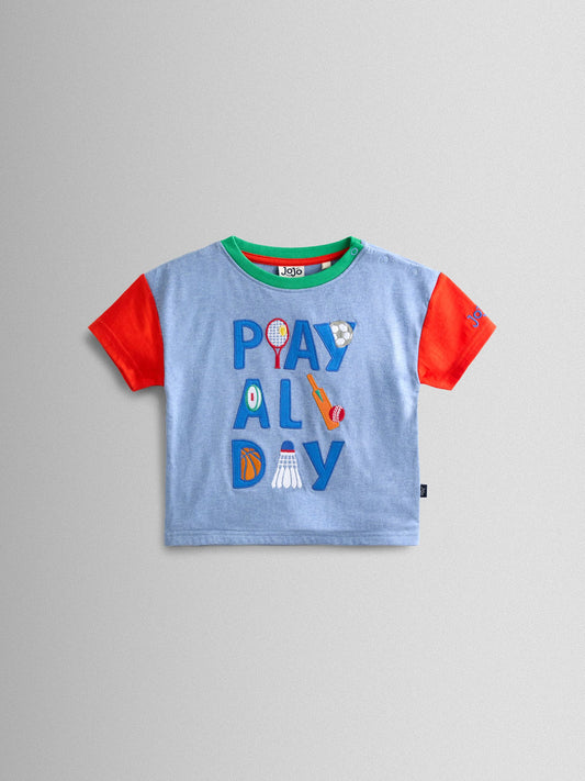 JoJo Maman Bébé Blue Play All Day Slogan Appliqué T-Shirt image 1