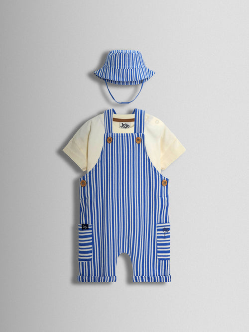 JoJo Maman Bébé Blue 3-Piece Stripe Dungarees & T-Shirt Set with Hat image 1
