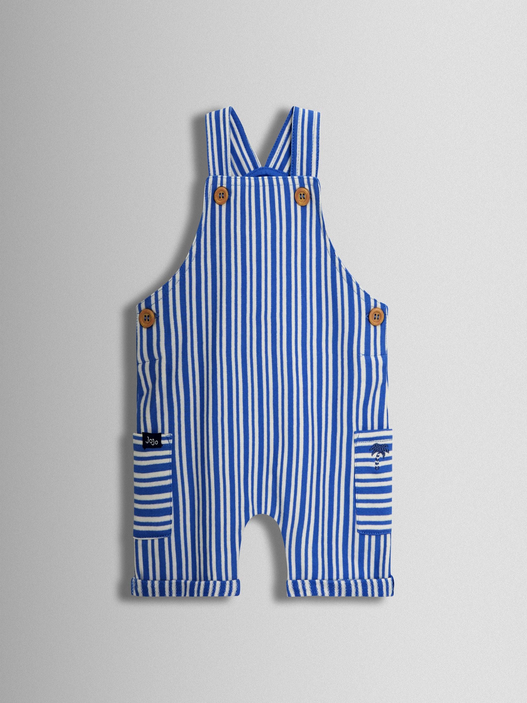 JoJo Maman Bébé Blue 3-Piece Stripe Dungarees & T-Shirt Set with Hat image 2