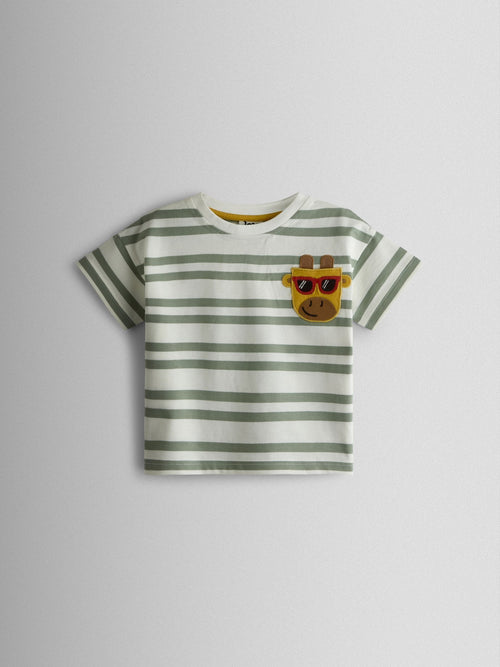 JoJo Maman Bébé Khaki Green Giraffe Pocket Appliqué T-Shirt image 1