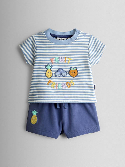 JoJo Maman Bébé Blue Fruit 2-Piece Slogan T-Shirt & Shorts Set image 1