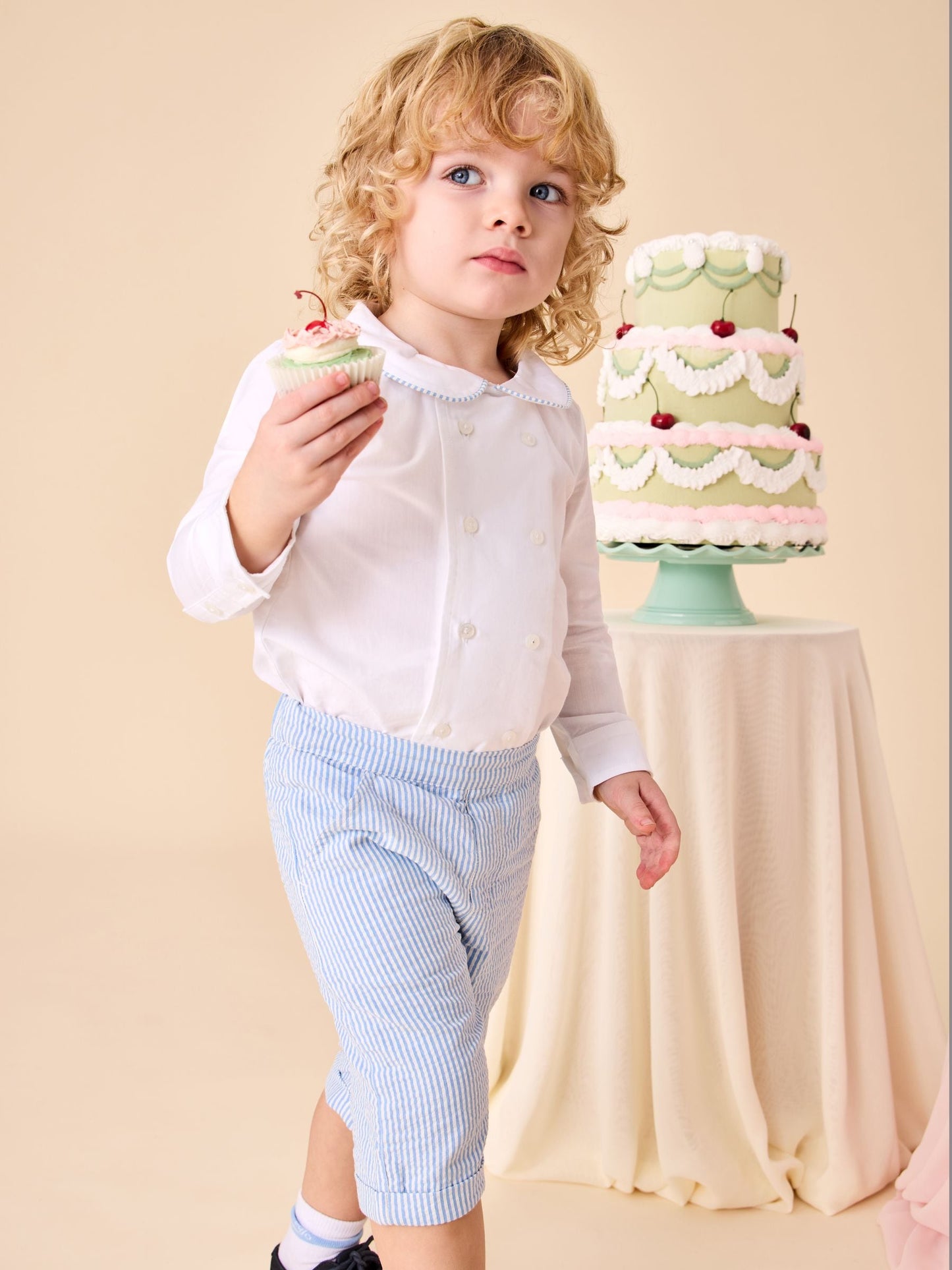JoJo Maman Bébé Light Blue Double Breast Shirt & Stripe Shorts Set 2 Piece image 1