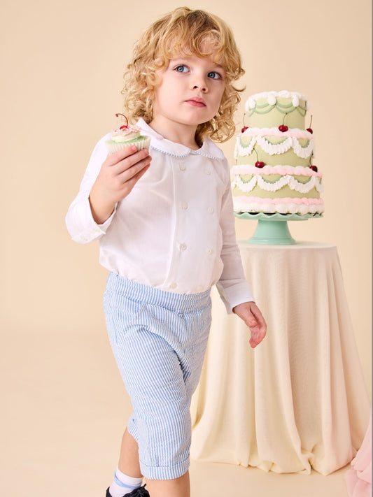 JoJo Maman Bébé Light Blue Double Breast Shirt & Stripe Shorts Set 2 Piece image 1