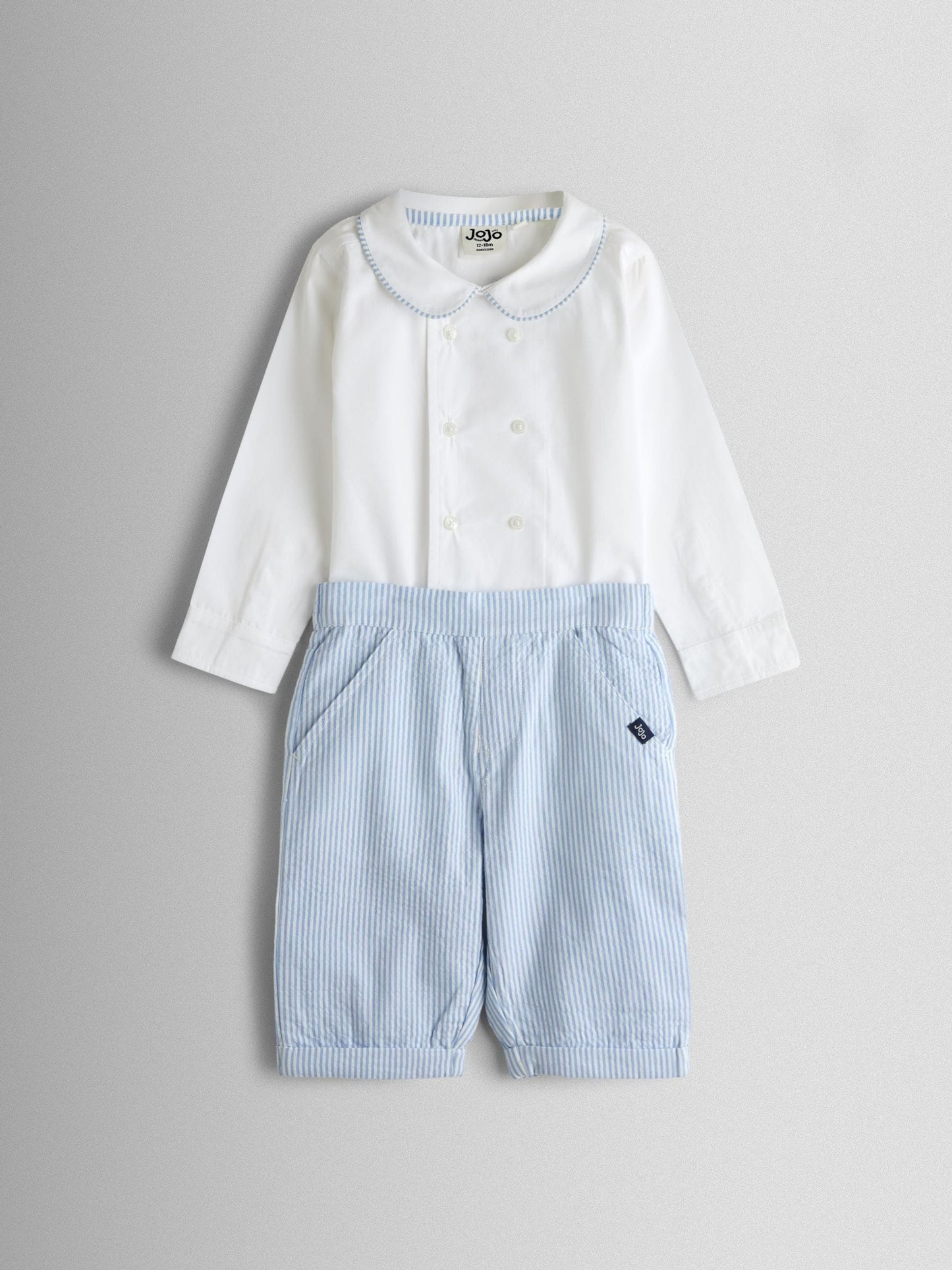 JoJo Maman Bébé Light Blue Double Breast Shirt & Stripe Shorts Set 2 Piece image 2