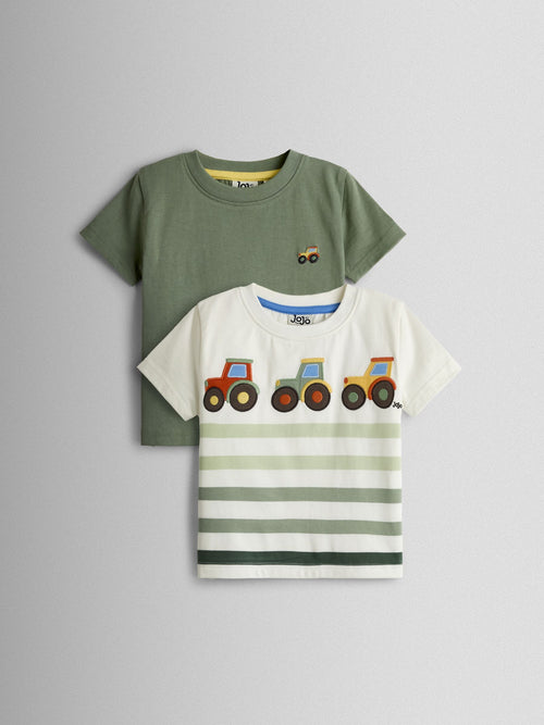 JoJo Maman Bébé Natural & Khaki Green Tractor 2-Pack Surf Applique & Printed T-Shirts image 1