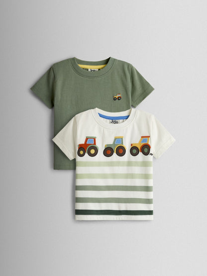 Dsiney Kidz - JoJo Maman Bébé Natural & Khaki Green Tractor 2-Pack Appliqué & Printed T-Shirts image 1