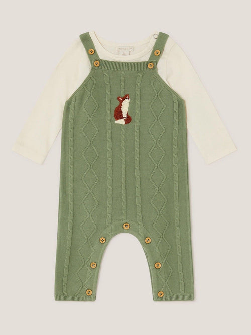 Monsoon Green Newborn Fox Cable Knit Dungarees Set image 1
