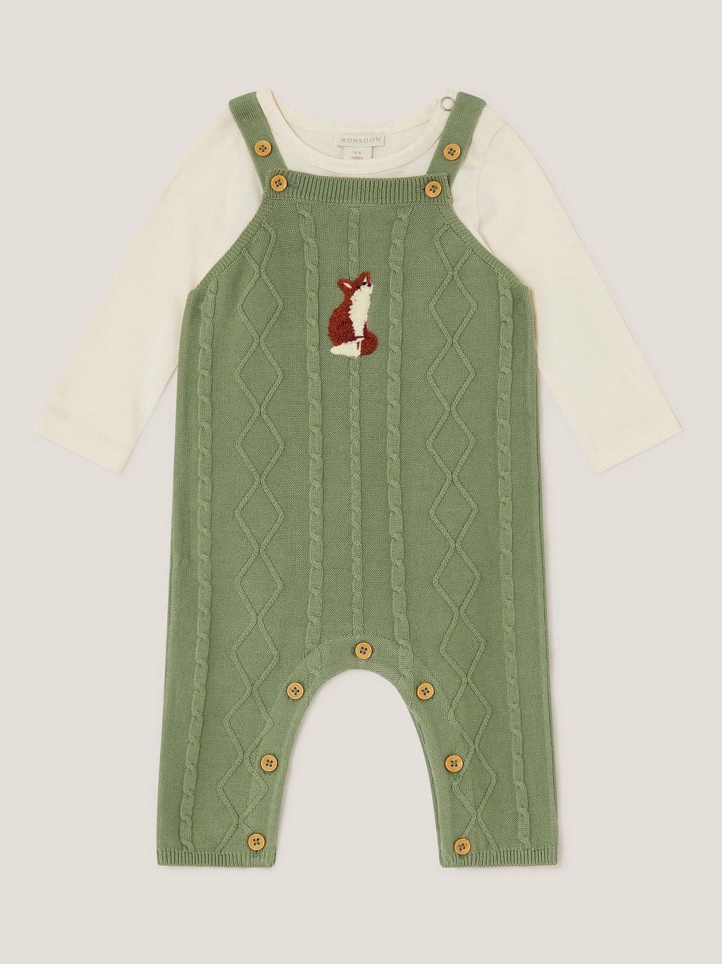 Monsoon Green Newborn Fox Cable Knit Dungarees Set image 1