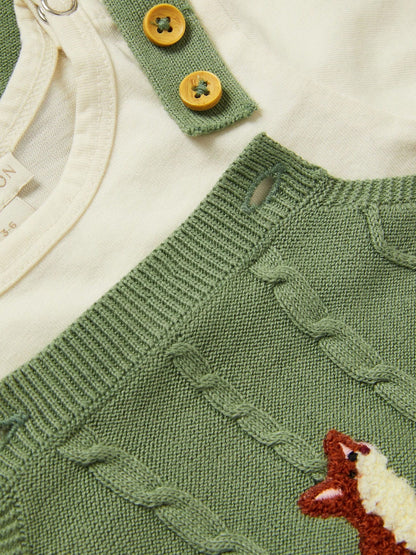 Monsoon Green Newborn Fox Cable Knit Dungarees Set image 3
