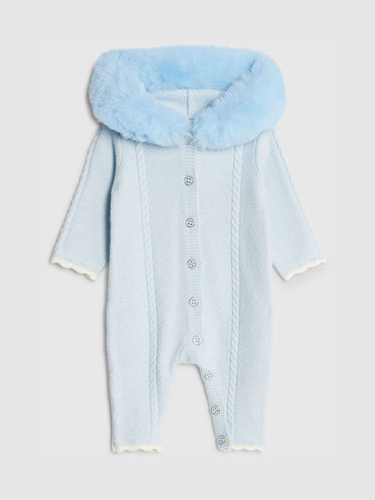 River Island Blue Baby Boys Fur Collar Knitted  All-In-One