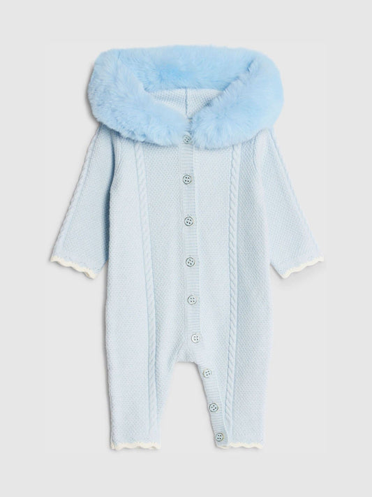 River Island Blue Baby Boys Fur Collar Knitted  All-In-One