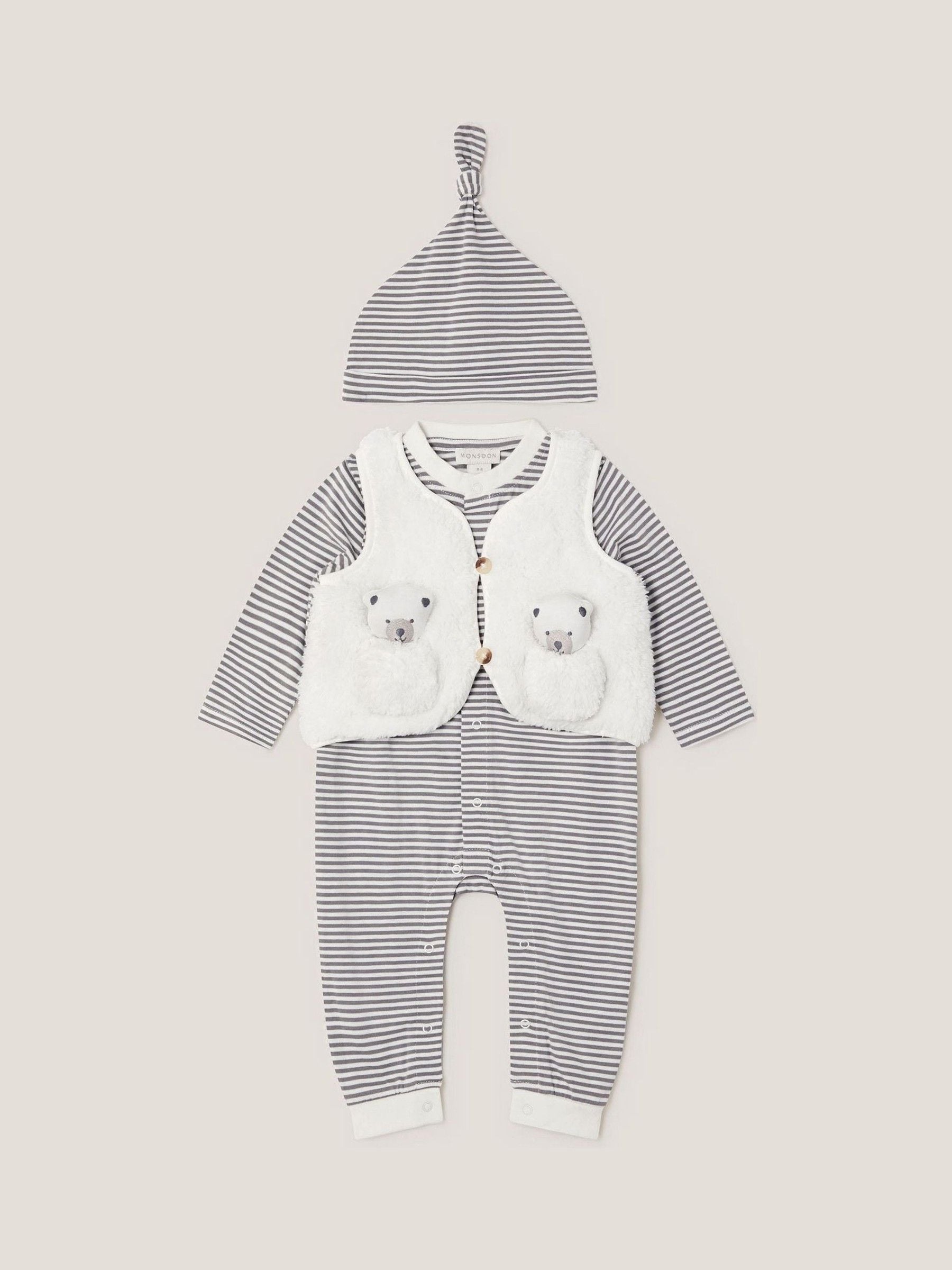 Monsoon White Newborn Polar Bear Gilet & Sleepsuit Set image 1