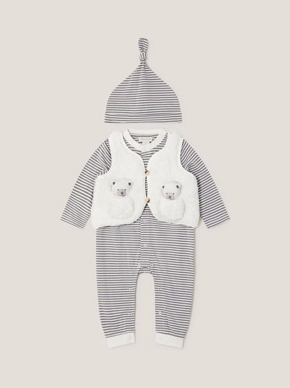 Monsoon White Newborn Polar Bear Gilet & Sleepsuit Set image 1